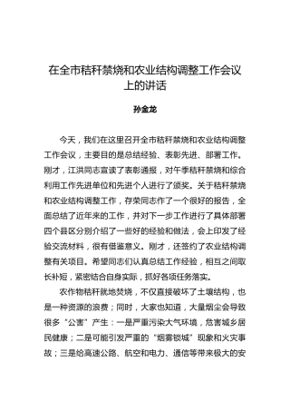 孙金龙：在全市秸秆禁烧和农业结构调整工作会议上的讲话