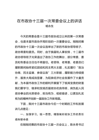 杨永生：在市政协十三届一次常委会议上的讲话