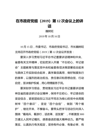 魏树旺：在市政府党组（2019）第12次会议上的讲话