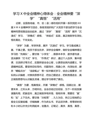 学习X中全会精神心得体会：全会精神要“深学”“真悟”“活用”