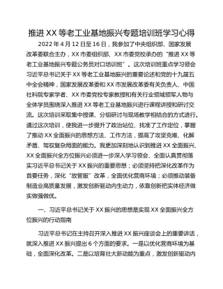 推进XX等老工业基地振兴专题培训班学习心得