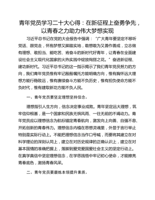 青年党员学习二十大心得：在新征程上奋勇争先，以青春之力助力伟大梦想实现