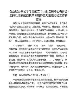 企业纪委书记学习党的二十大报告精神心得体会：坚持以彻底的自我革命精神奋力迈进纪检工作新征程
