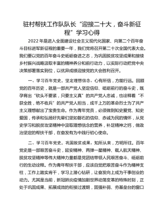 驻村帮扶工作队队长“迎接二十大，奋斗新征程”学习心得