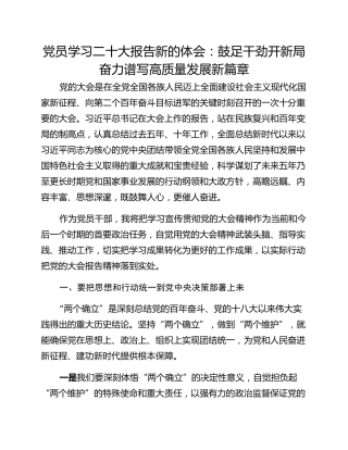 党员学习二十大报告新的体会：鼓足干劲开新局 奋力谱写高质量发展新篇章