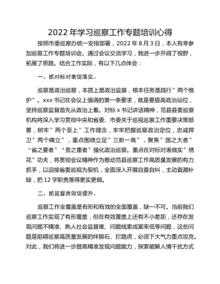 2022年学习巡察工作专题培训心得