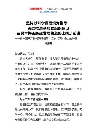 钟勇军：坚持以科学发展观为指导强力推进基层党组织建设在民本梅田跨越发展的道路上阔步前进
