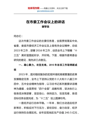 谢学龙：在市委工作会议上的讲话