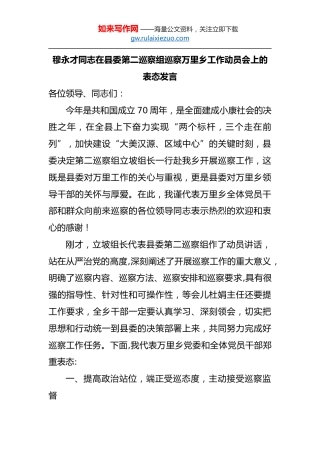 穆永才：在县委第二巡察组巡察万里乡工作动员会上的表态发言