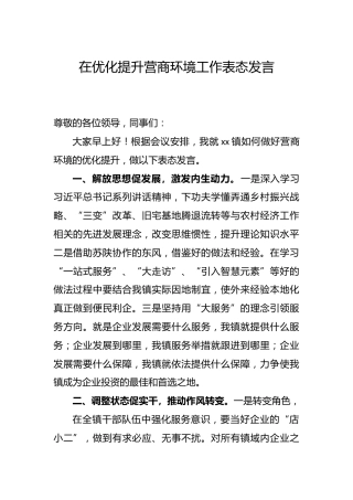 在优化提升营商环境工作表态发言