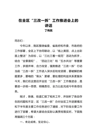 丁伟民：在全区“三改一拆”工作推进会上的讲话