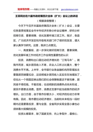 王菲：在六届市政府第四次全体（扩大）会议上的讲话