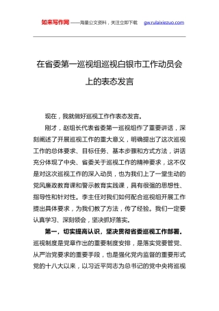 巡视工作动员会上的表态发言