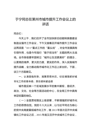 于宁：在莱州市城市提升工作会议上的讲话