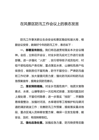 在风景区防汛工作会议上的表态发言