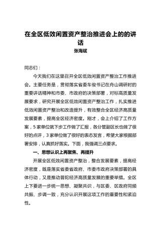 张海斌：在全区低效闲置资产整治推进会上的的讲话