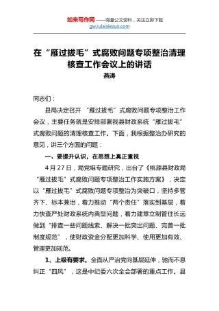 燕涛：在“雁过拔毛”式腐败问题专项整治清理核查工作会议上的讲话
