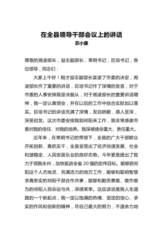 苏小康：在全县领导干部会议上的讲话