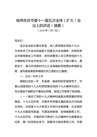 杨伟东：在市委十一届五次全体（扩大）会议上的讲话（摘要）