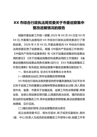 XX市综合行政执法局党委关于市委巡察集中整改进展情况的报告