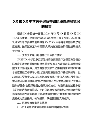 XX市XX中学关于巡察整改阶段性进展情况的报告