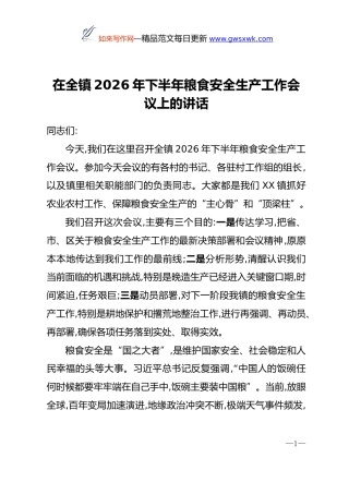 在全镇2026年下半年粮食安全生产工作会议上的讲话