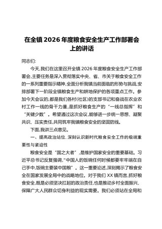 在全镇2026年度粮食安全生产工作部署会上的讲话