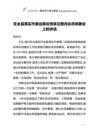 在全县落实市委巡察反馈意见整改动员部署会上的讲话