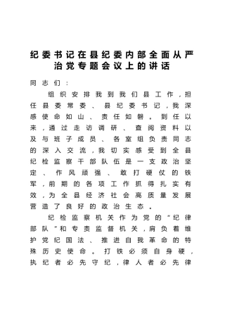 纪委书记在县纪委内部全面从严治党专题会议上的讲话