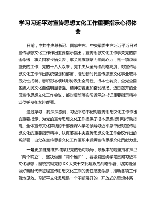 学习习近平对宣传思想文化工作重要指示心得体会