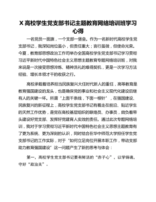 X高校学生党支部书记主题教育网络培训班学习心得