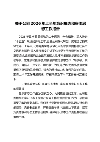 关于公司2026年上半年意识形态和宣传思想工作报告