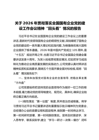 关于2026年贯彻落实全国国有企业党的建设工作会议精神“回头看”情况的报告