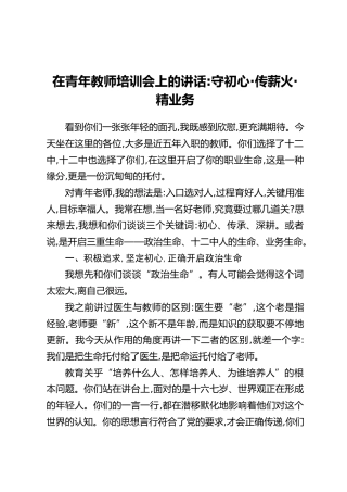 在青年教师培训会上的讲话：守初心·传薪火·精业务