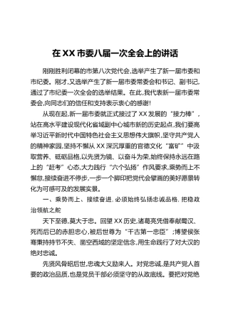在XX市委八届一次全会上的讲话