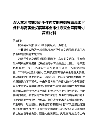 深入学习贯彻习近平生态文明思想统筹高水平保护与高质量发展筑牢全市生态安全屏障研讨发言材料