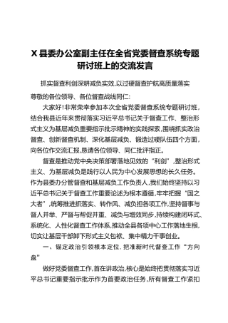 X县委办公室副主任在全省党委督查系统专题研讨班上的交流发言