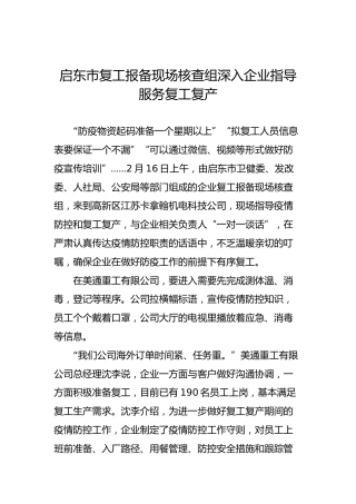启东市复工报备现场核查组深入企业指导服务复工复产