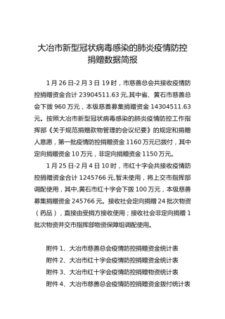 大冶市新型冠状病毒感染的肺炎疫情防控捐赠数据简报