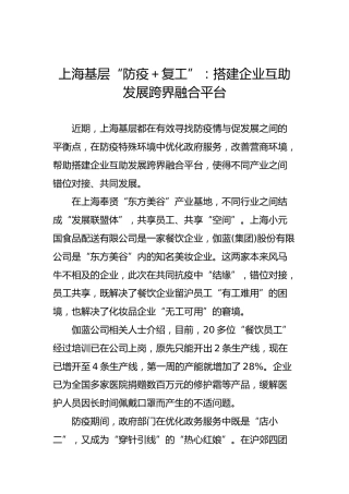 上海基层“防疫＋复工”：搭建企业互助发展跨界融合平台