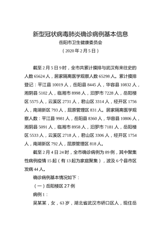 新型冠状病毒肺炎确诊病例基本信息