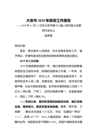 大安市2020年政府工作报告
