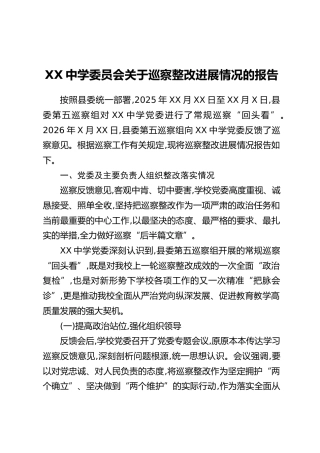 XX中学委员会关于巡察整改进展情况的报告