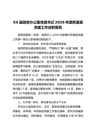 XX县政府办公室党组书记2026年度抓基层党建工作述职报告