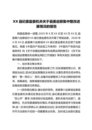 XX县纪委监委机关关于县委巡察集中整改进展情况的报告