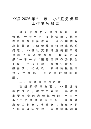 XX县2026年“一老一小”服务保障工作情况报告