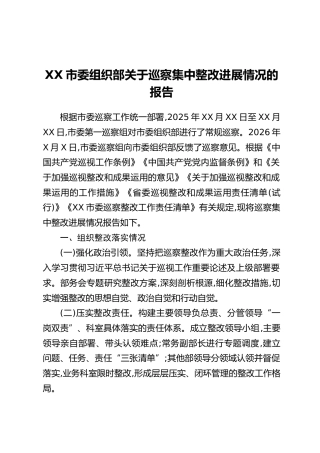 XX市委组织部关于巡察集中整改进展情况的报告