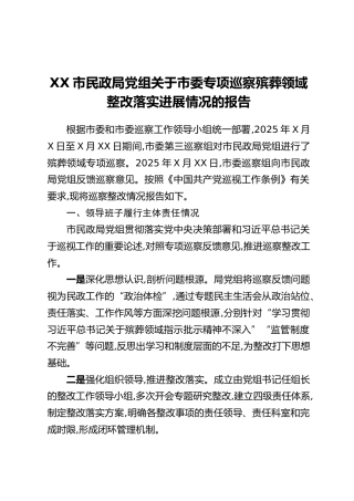 XX市民政局党组关于市委专项巡察殡葬领域整改落实进展情况的报告