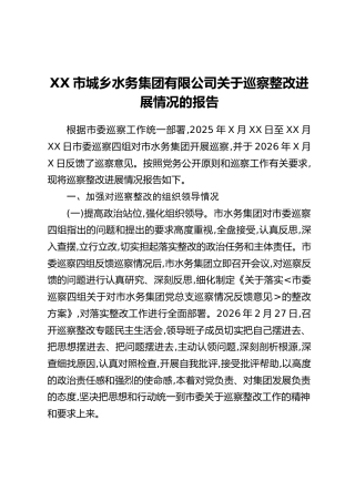 XX市城乡水务集团有限公司关于巡察整改进展情况的报告