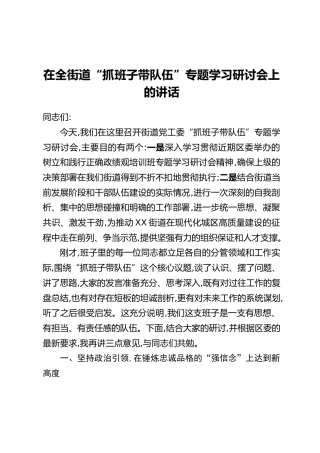 在全街道“抓班子带队伍”专题学习研讨会上的讲话